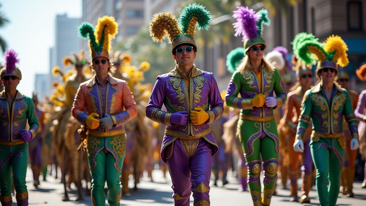 Mardi Gras Parade mit bunten Wagen und festlichen Kostümen.