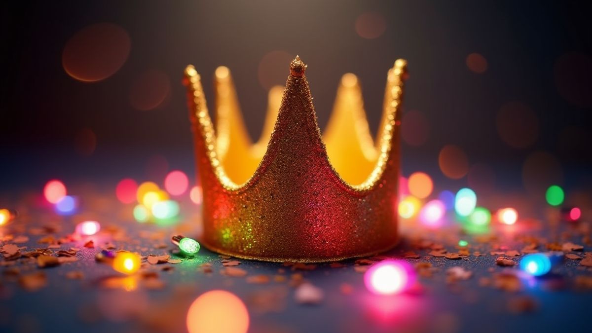 Eine goldene Krone umgeben von bunten Lichtern und Konfetti.