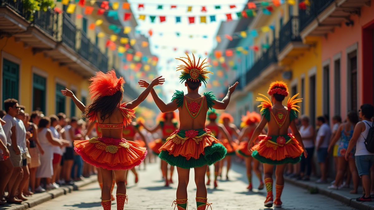 Festliche Straße mit Dekorationen und Samba Tänzern.