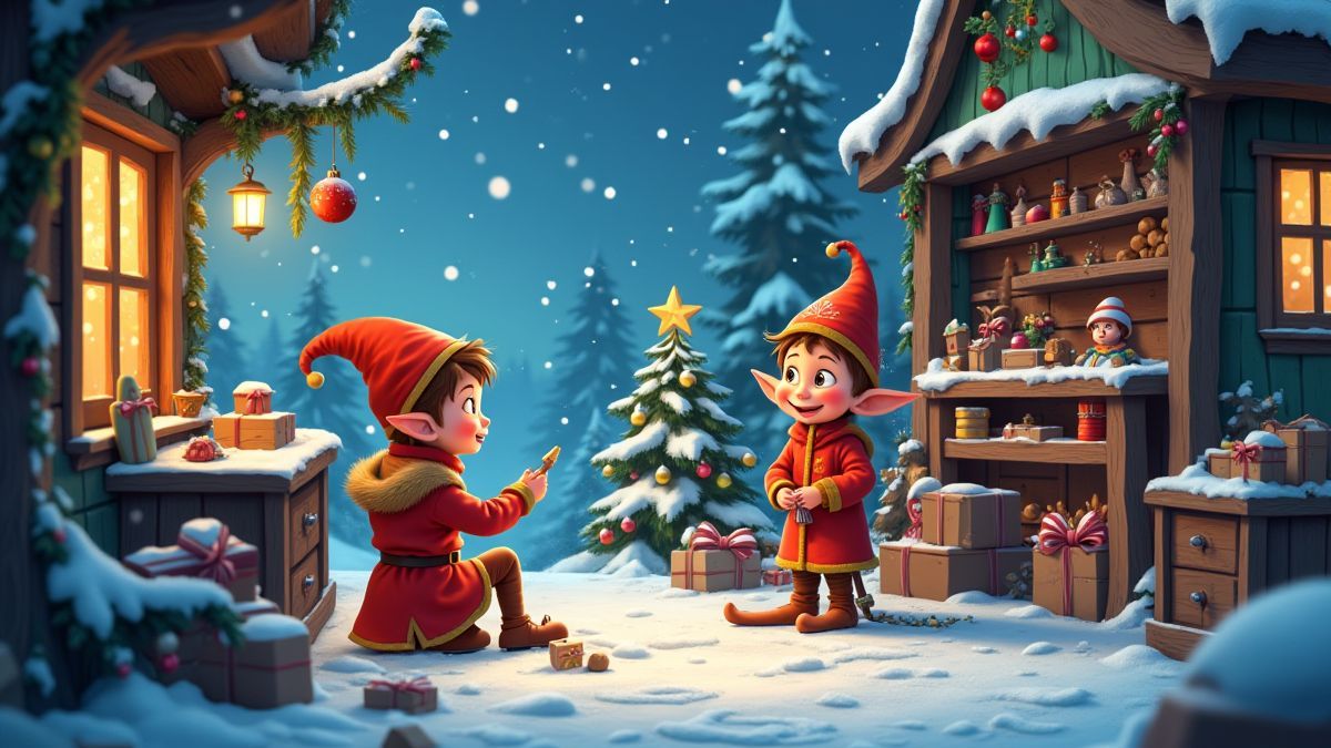 Eine schneebedeckte Weihnachtswerkstatt mit animierten Elfen, die Spielzeuge und Dekorationen herstellen.
