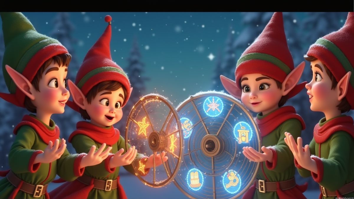 Animierte Elfen, die mit leuchtenden Walzen voller weihnachtlicher Symbole interagieren.