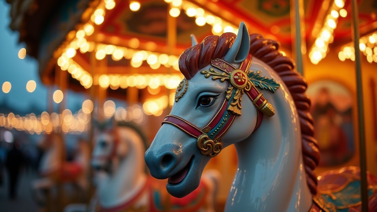 Carousel horse decorated with vivid colors and festive lights.
