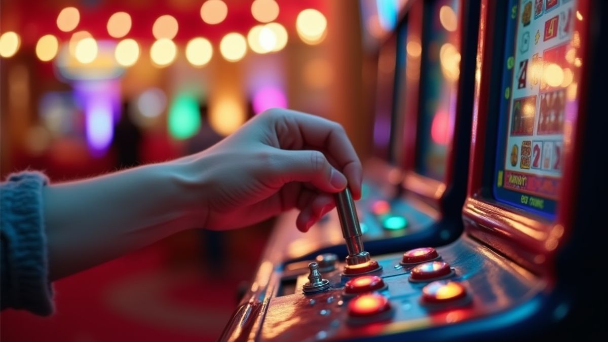 Hand pulling a lever on a slot machine in a festive environment.