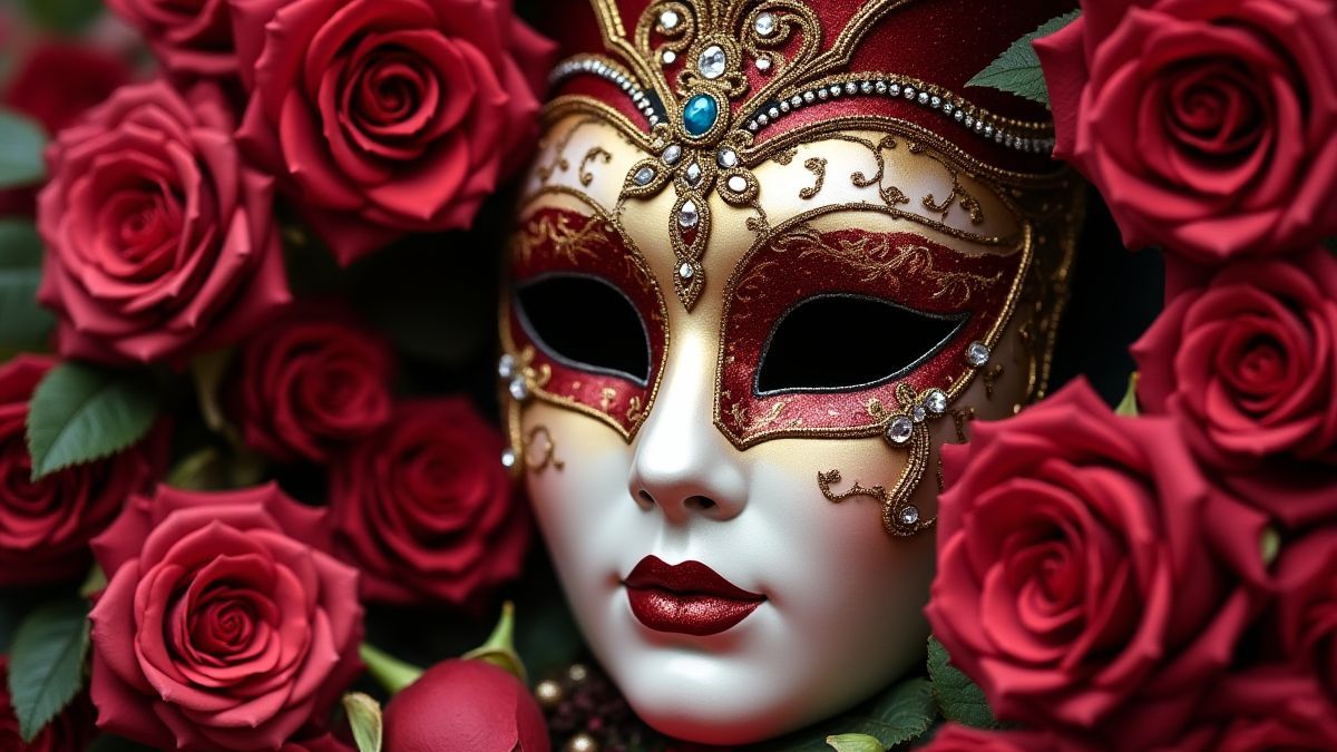 Venetian mask surrounded by roses and jewels.