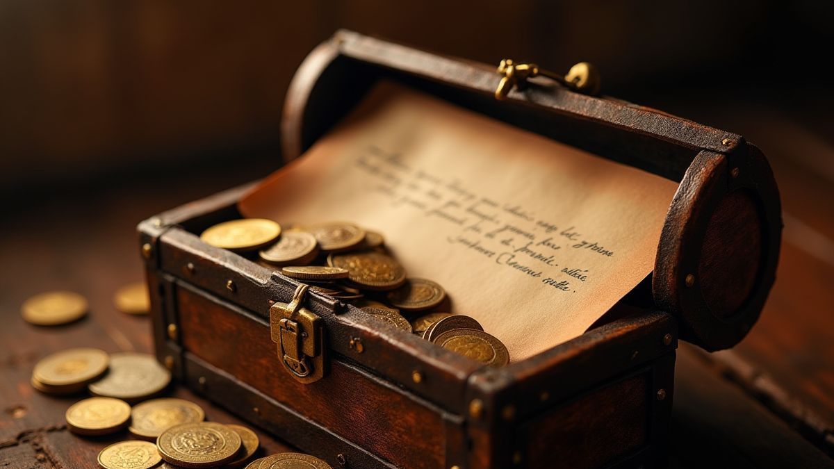 Treasure chest filled with coins and a romantic letter.