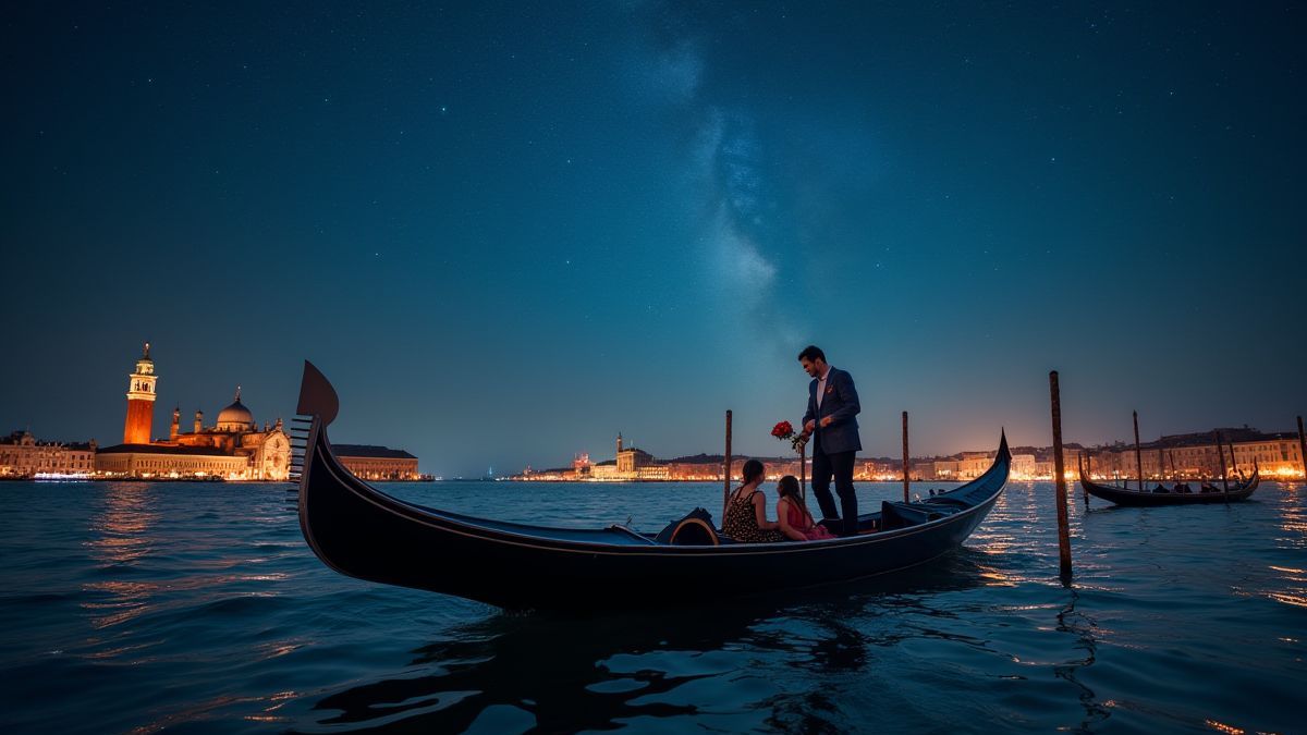 Romantic gondola ride under a starry sky.