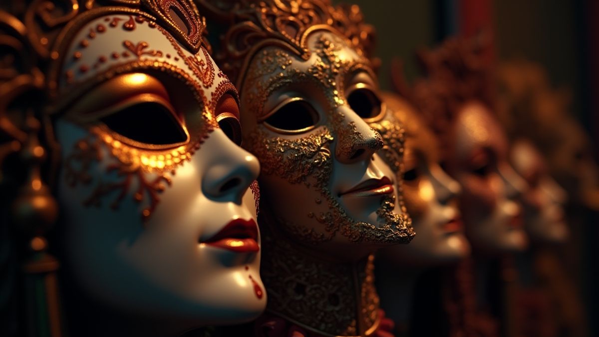 Máscaras venecianas iluminadas con luz suave.