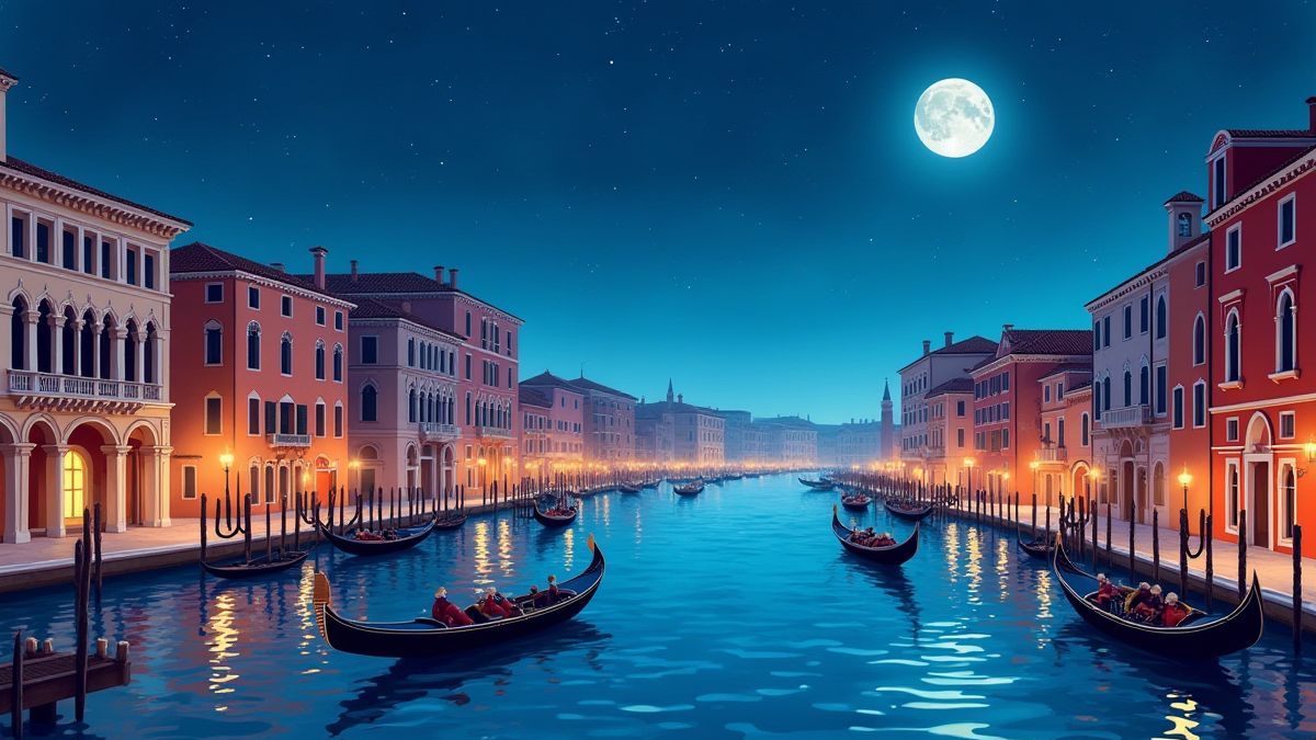 Canales de Venecia con góndolas bajo un cielo estrellado.