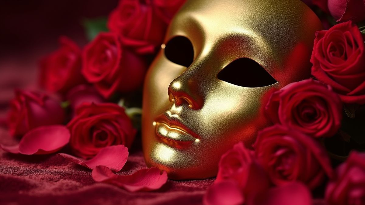 Máscara dorada rodeada de pétalos de rosa sobre terciopelo.