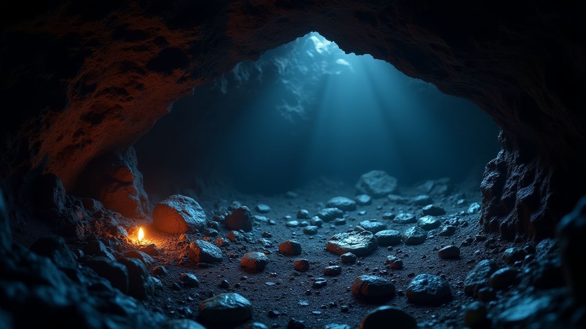 Interior of a dark cave with gems glowing softly under torchlight.
