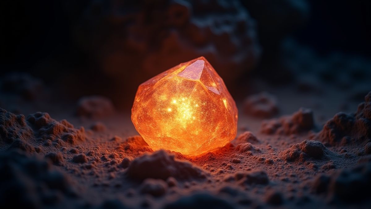 A glowing gemstone surrounded by sparkling dust in a dark cave.