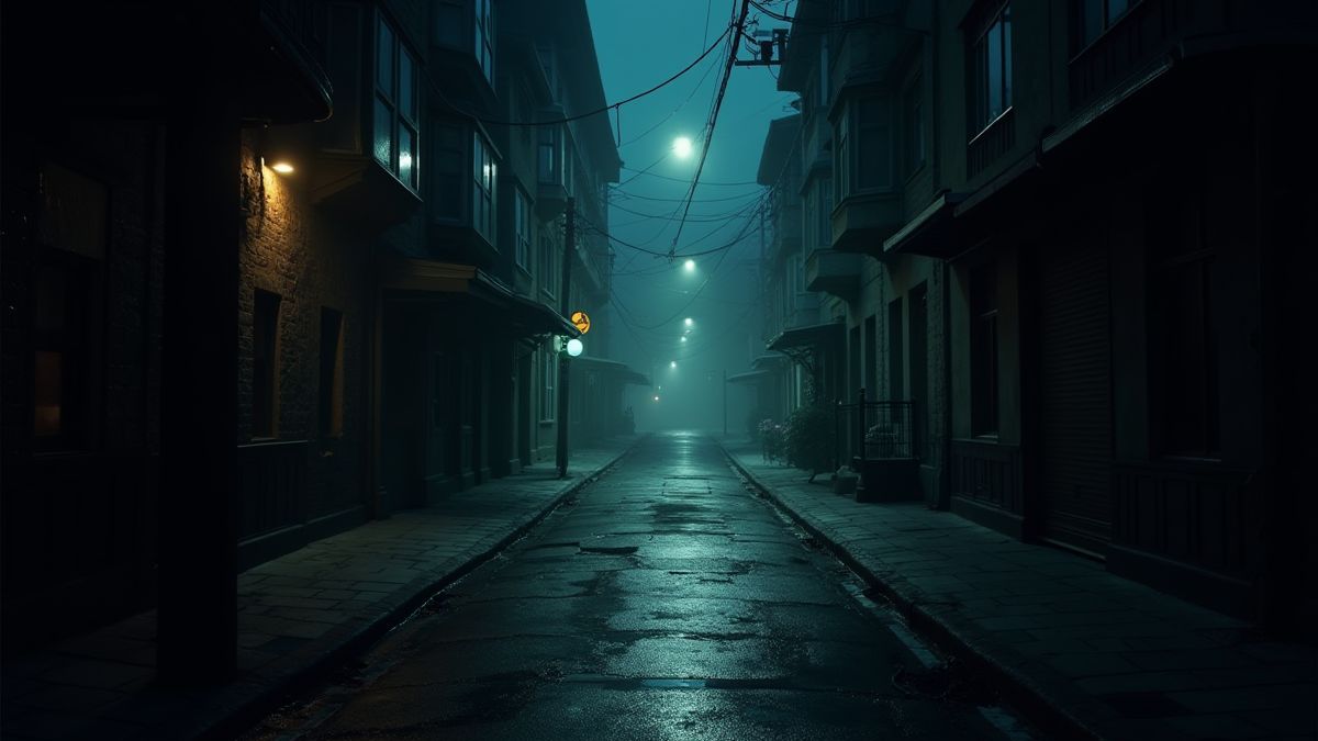 Noir-style street with mysterious elements.