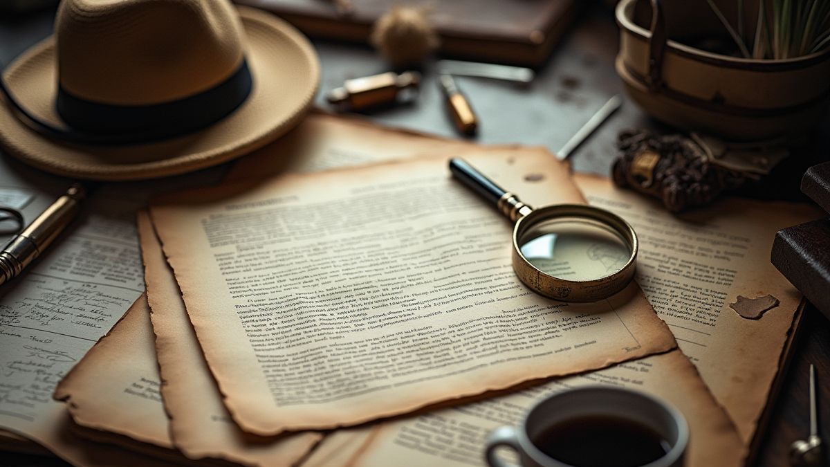Detective's desk with notes and magnifying glass.