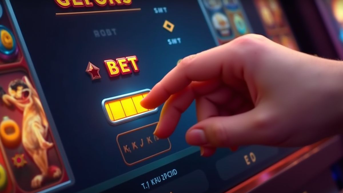 Eine Hand, die den Einsatz auf der Benutzeroberfläche eines Spielautomaten anpasst.