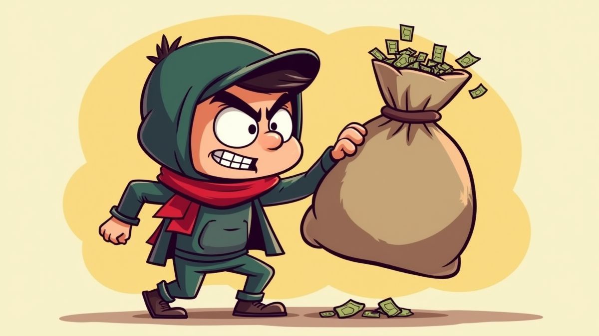 Un ladrón travieso sosteniendo un saco de dinero.
