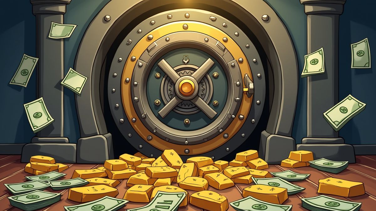 Banktresor umgeben von Geldscheinen und Goldbarren.