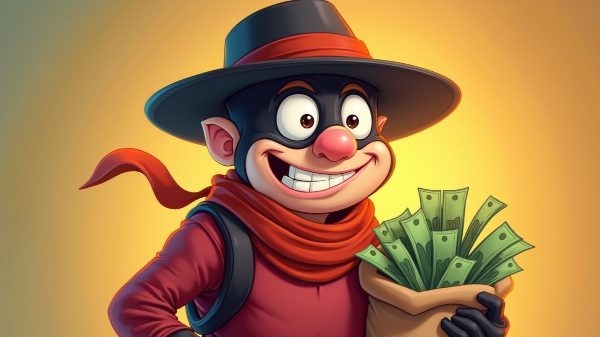 Fröhlicher Bandit mit einem Geldsack.