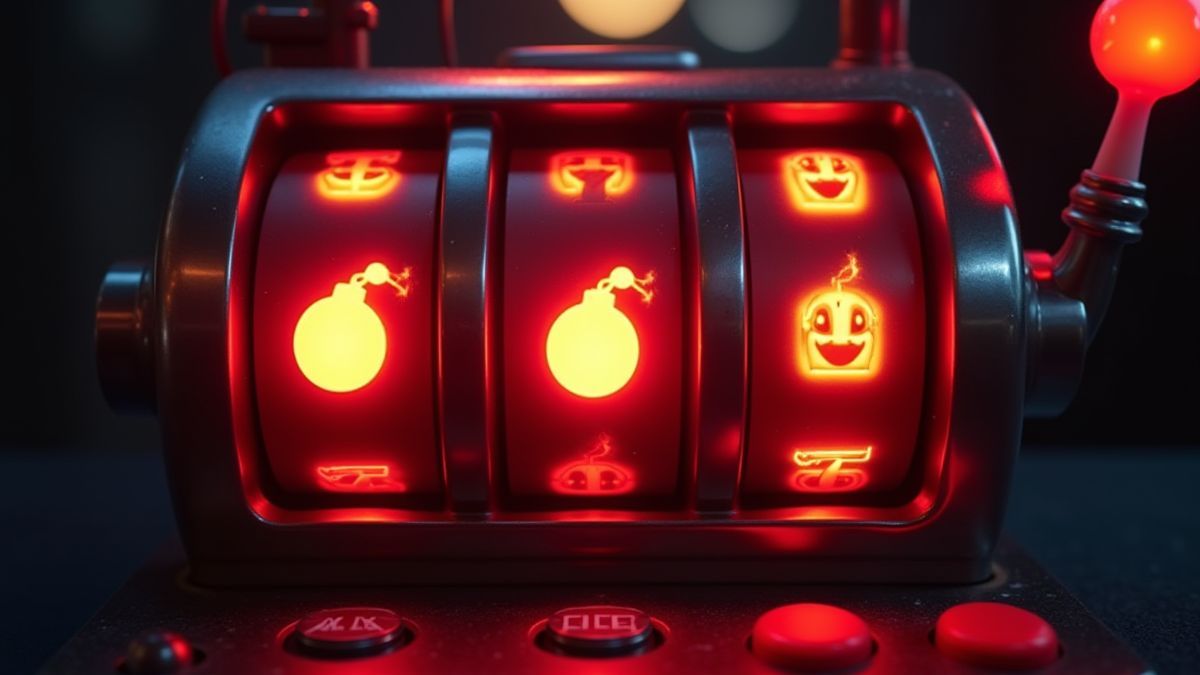 Retro-Spielautomat mit leuchtenden Walzen und einem Bombensymbol in der Mitte.