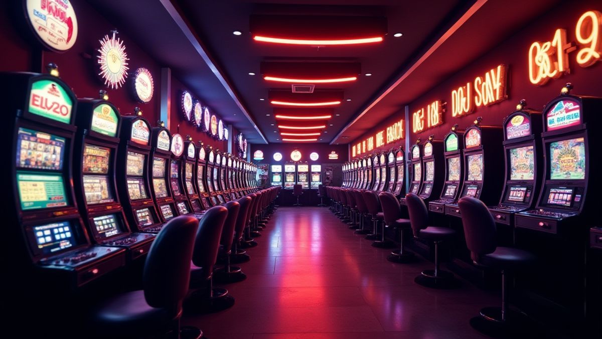 Lebhafter Casino-Boden mit Neonlichtern und klassischen Spielautomaten.