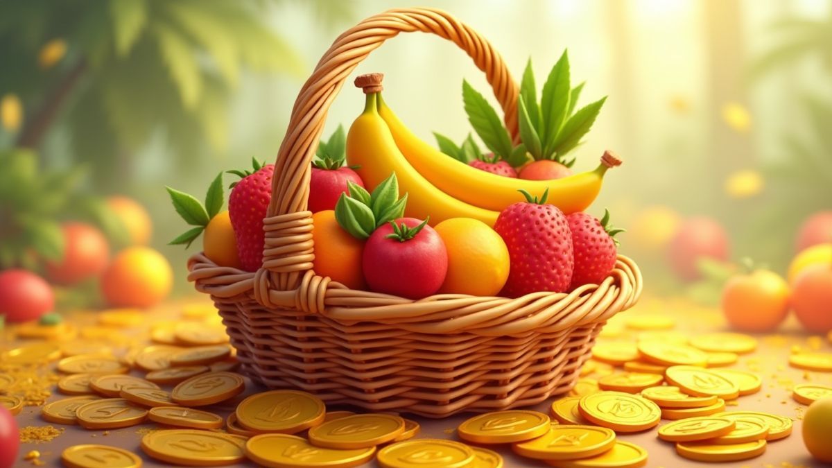 Fruits alongside golden coins in animated style.