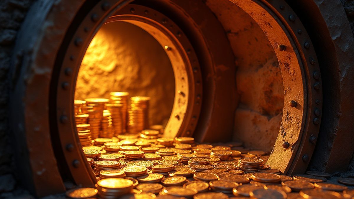 Interior of a glowing vault filled with coins and jewels.
