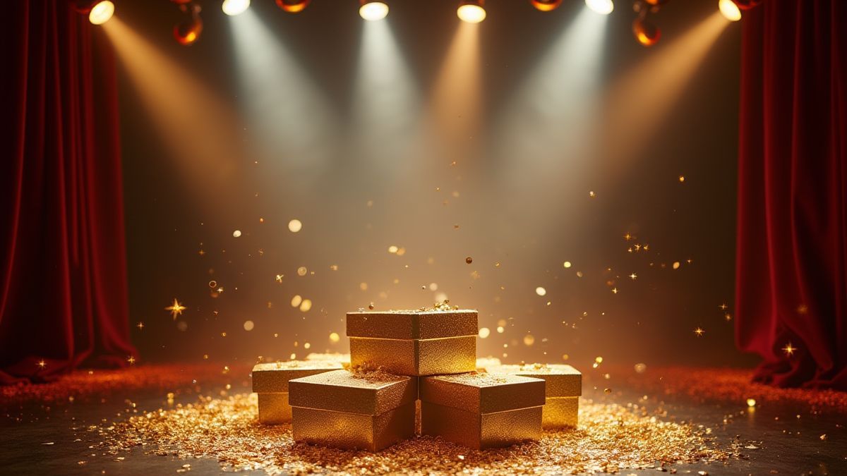 Shiny boxes under spotlights on a stage.