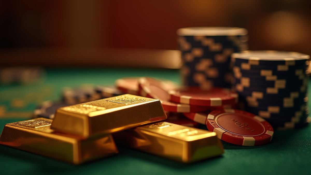 Golden bars and poker chips on a casino table under dramatic lighting.