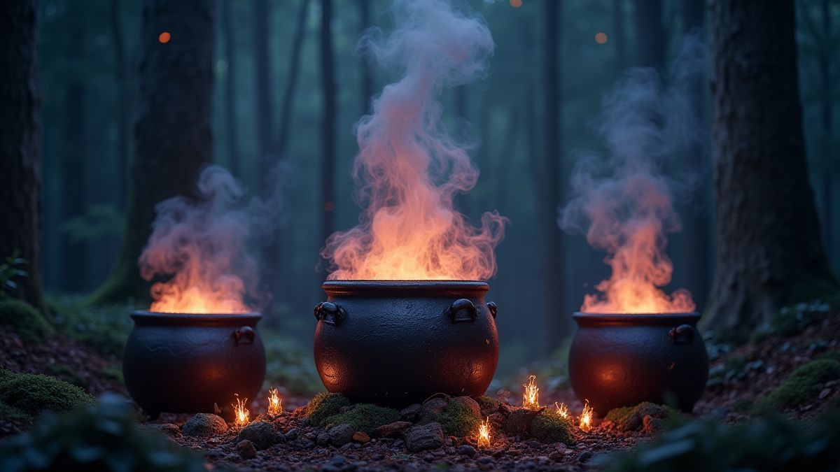 Tres calderas mágicas rodeadas de luces brillantes y vapor