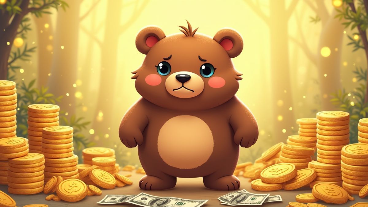 Bear surrounded by gold coins and bills.