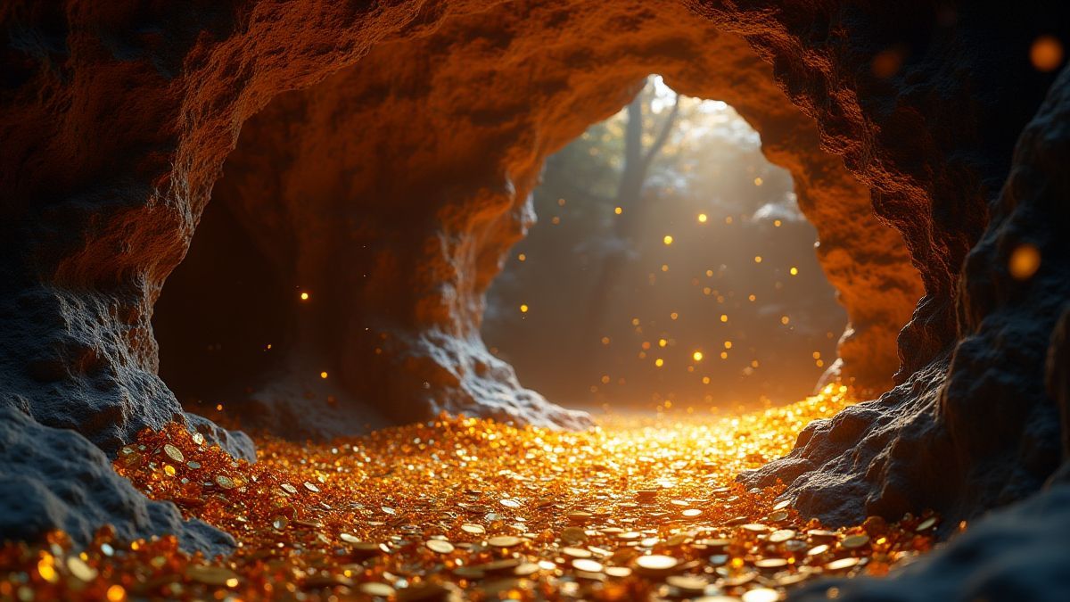 Interior of a cave full of treasures and shining jewels.