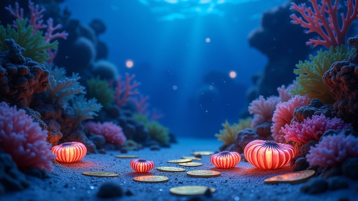 Unterwasserszene mit leuchtenden Muscheln und Münzen in einem lebhaften Korallenriff.