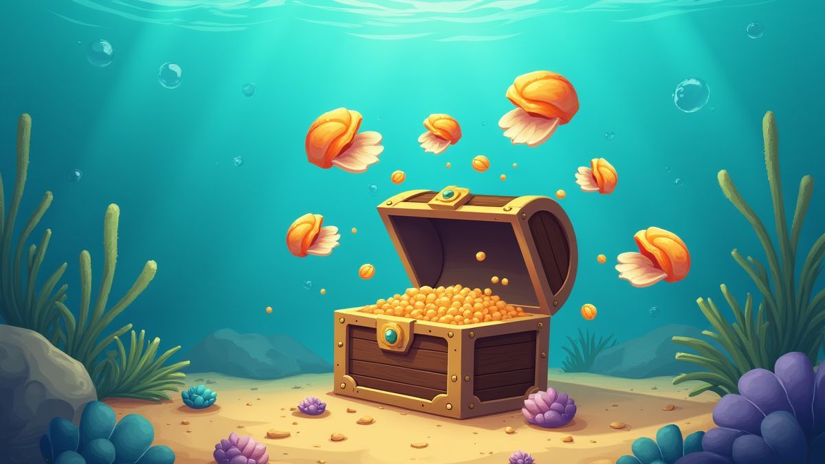 Muscheln, die aus einer Schatzkiste unter Wasser springen.
