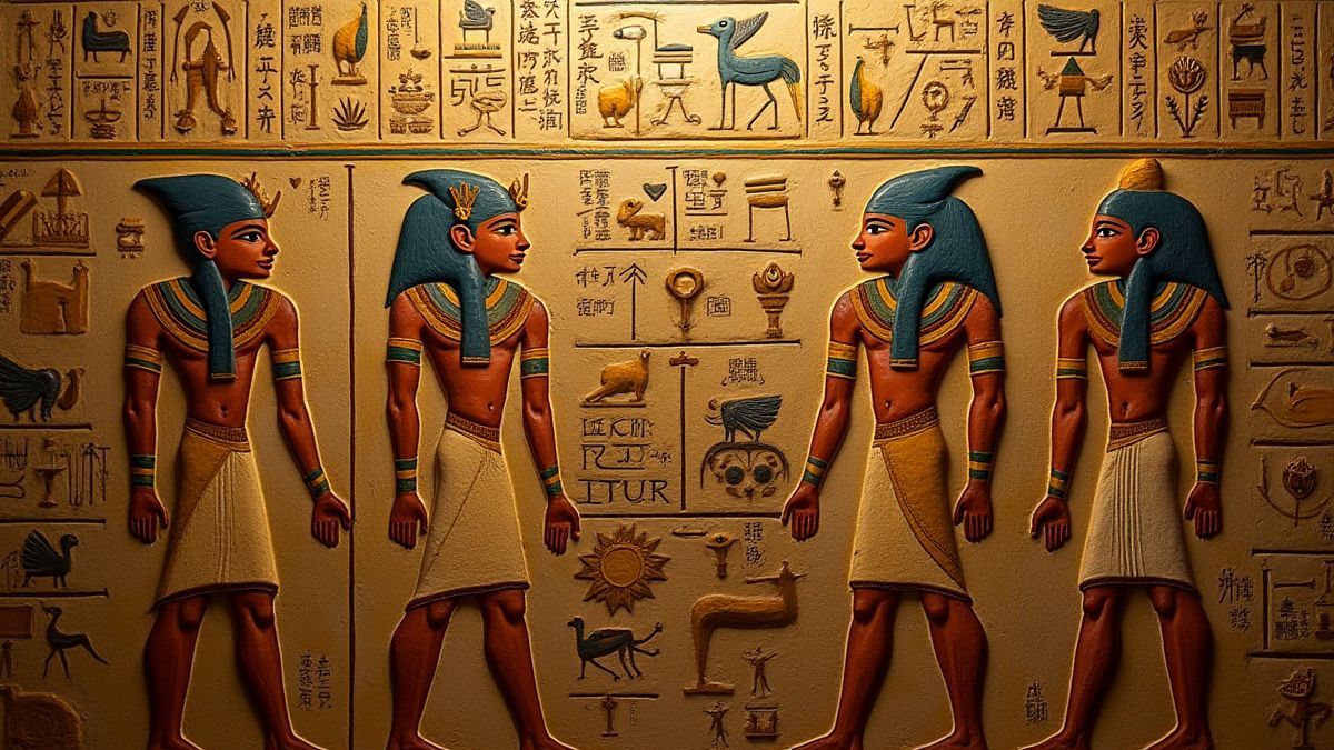 Mur de hiéroglyphes égyptiens avec des détails dorés.