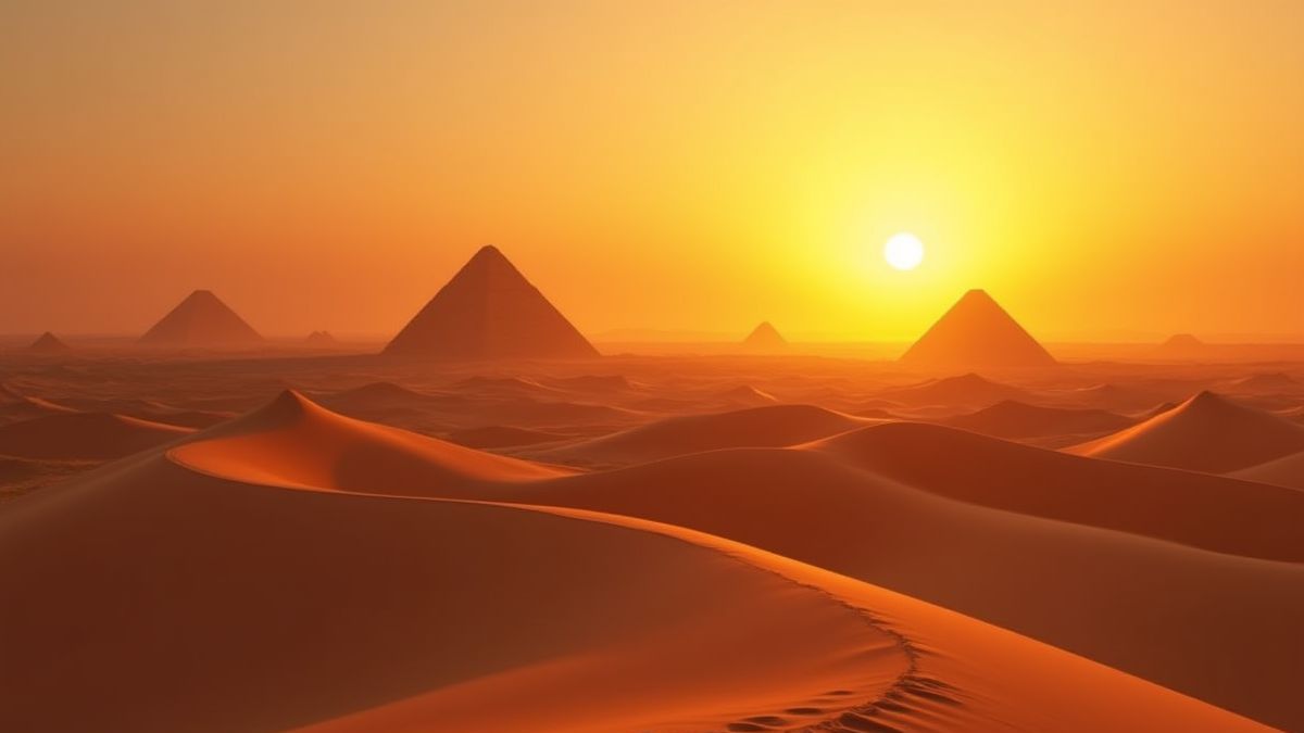 Dunes de sable avec des pyramides en arrière-plan pendant le coucher de soleil.