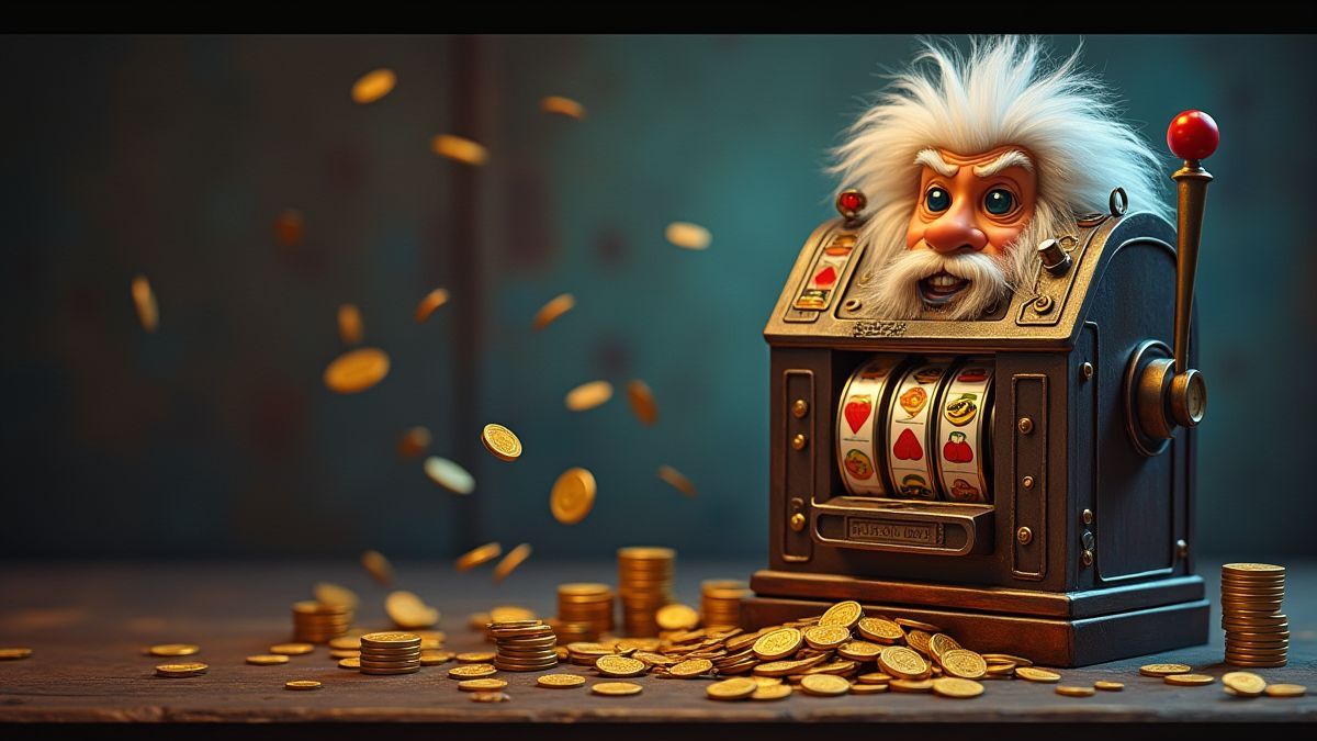 Máquina tragamonedas retro con monedas y un profesor loco.
