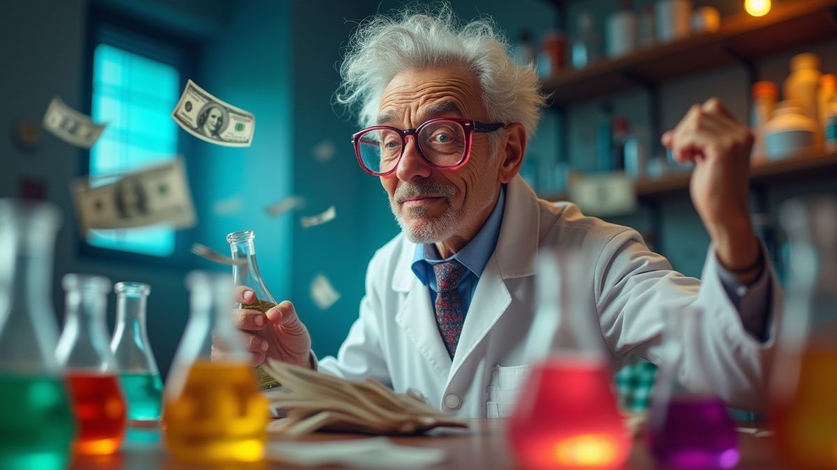 Profesor loco en su laboratorio rodeado de dinero y químicos.