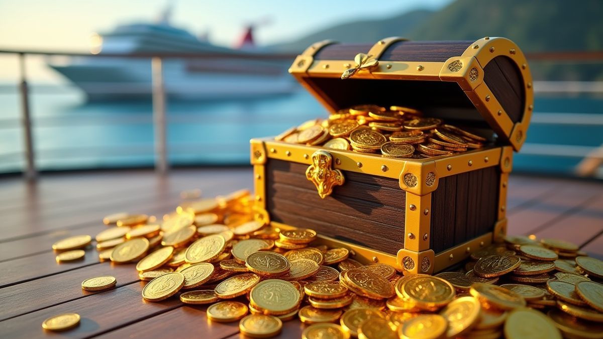 Um baú do tesouro cheio de moedas de ouro e joias na cobertura de um cruzeiro.