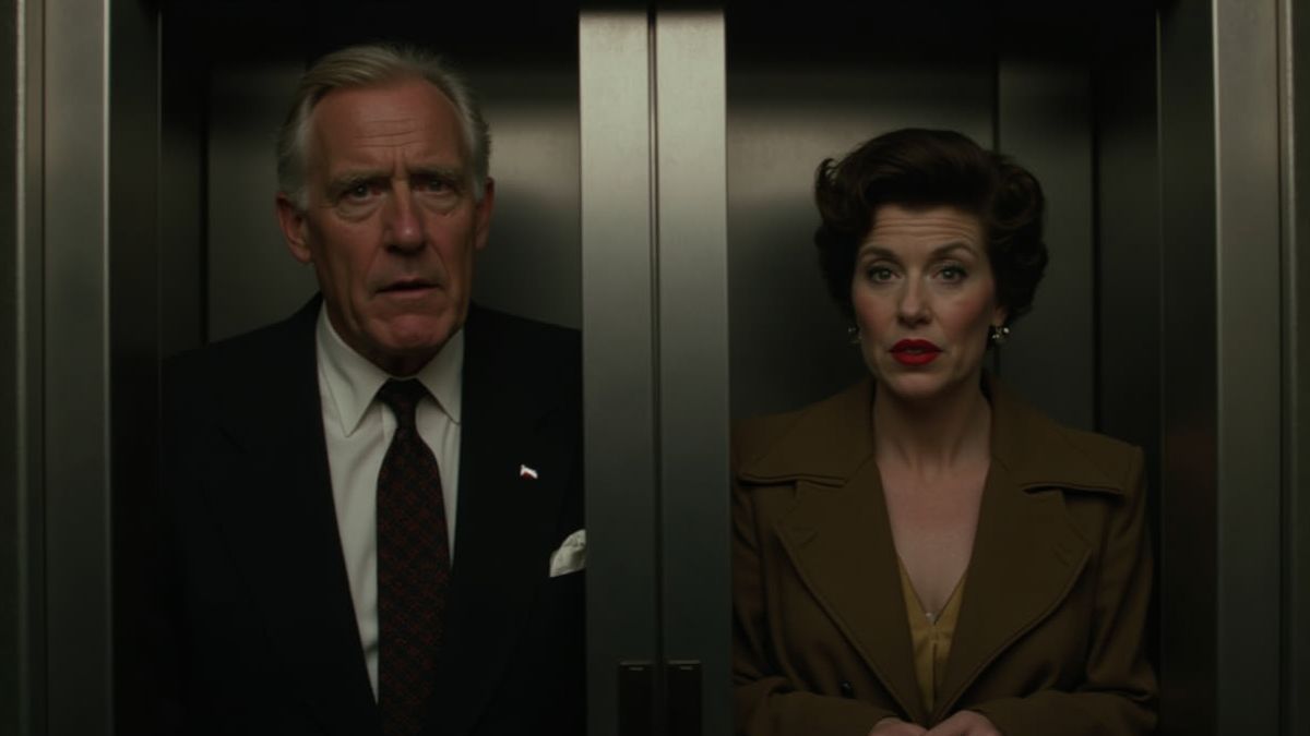 Twee vintage personages gescheiden in een liftomgeving.