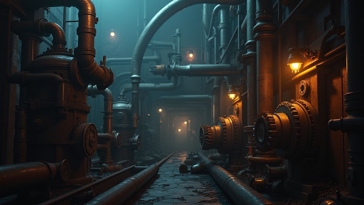 Tandwielen en pijpen in steampunk stijl met heldere lichten in een mysterieuze omgeving.