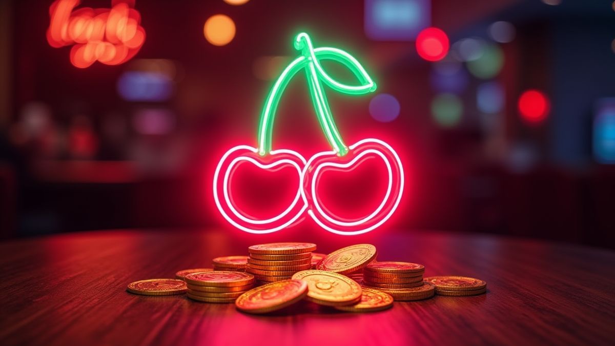 Ein Neon-Schild mit Kirschen und Goldmünzen vor einem retro Las Vegas-Hintergrund.