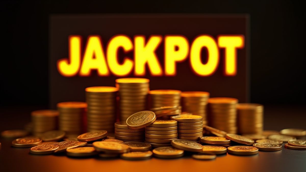 Stapel von Goldmünzen mit einem leuchtenden Jackpot-Schild vor einem dunklen Hintergrund.