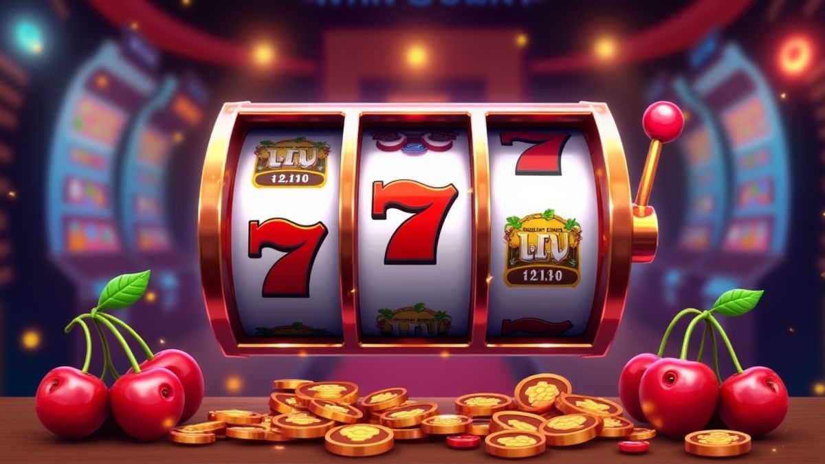 Casino scene with classic symbols like cherries, bars, and the number 7.