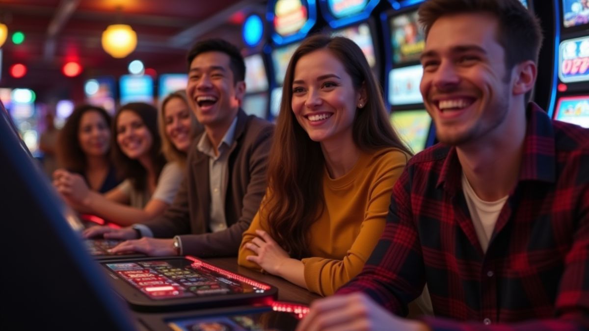 Group of people enjoying a slot game together.