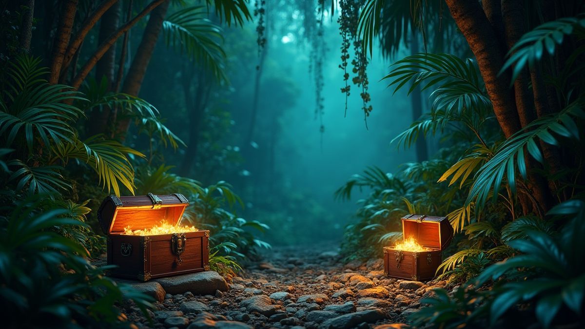 Junglescène met schatkisten en glanzende artefacten.