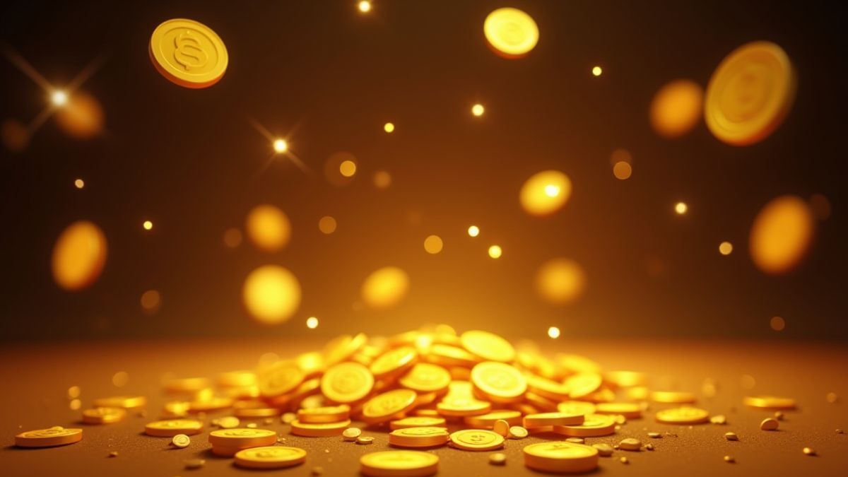 Gouden munten en glanzende scatter-symbolen vallen op het scherm.