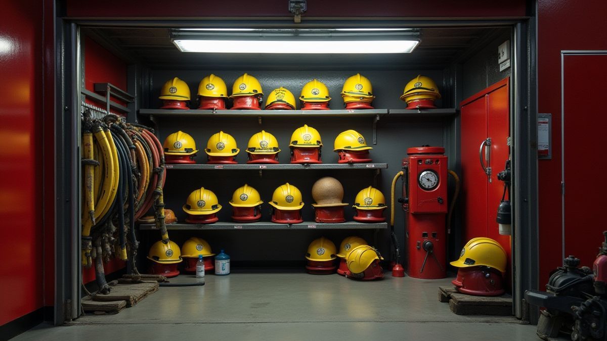 Estação de bombeiros com equipamento e ferramentas.