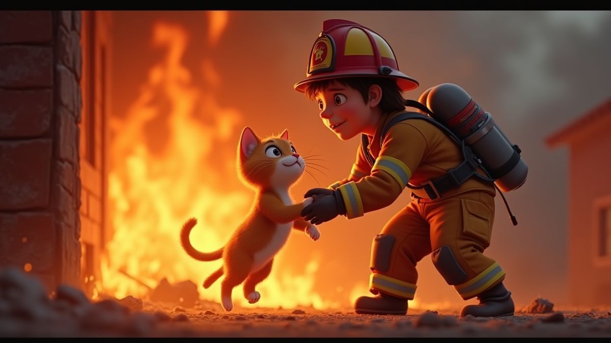 Bombeiro salvando um gato de um edifício em chamas.