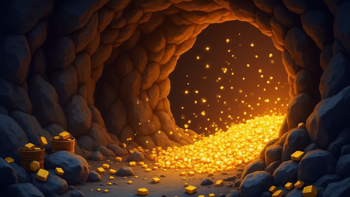 Una mina brillante llena de pepitas de oro y herramientas de minería.
