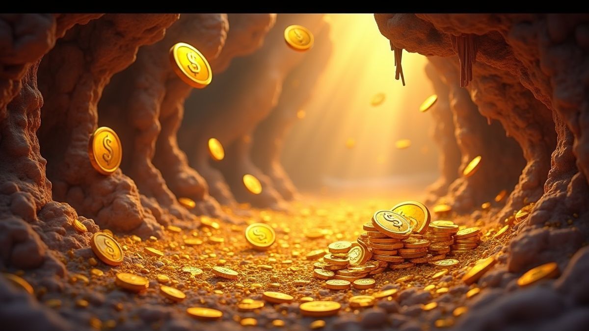Monedas de oro brillantes y multiplicadores flotando en una cueva minera vibrante.