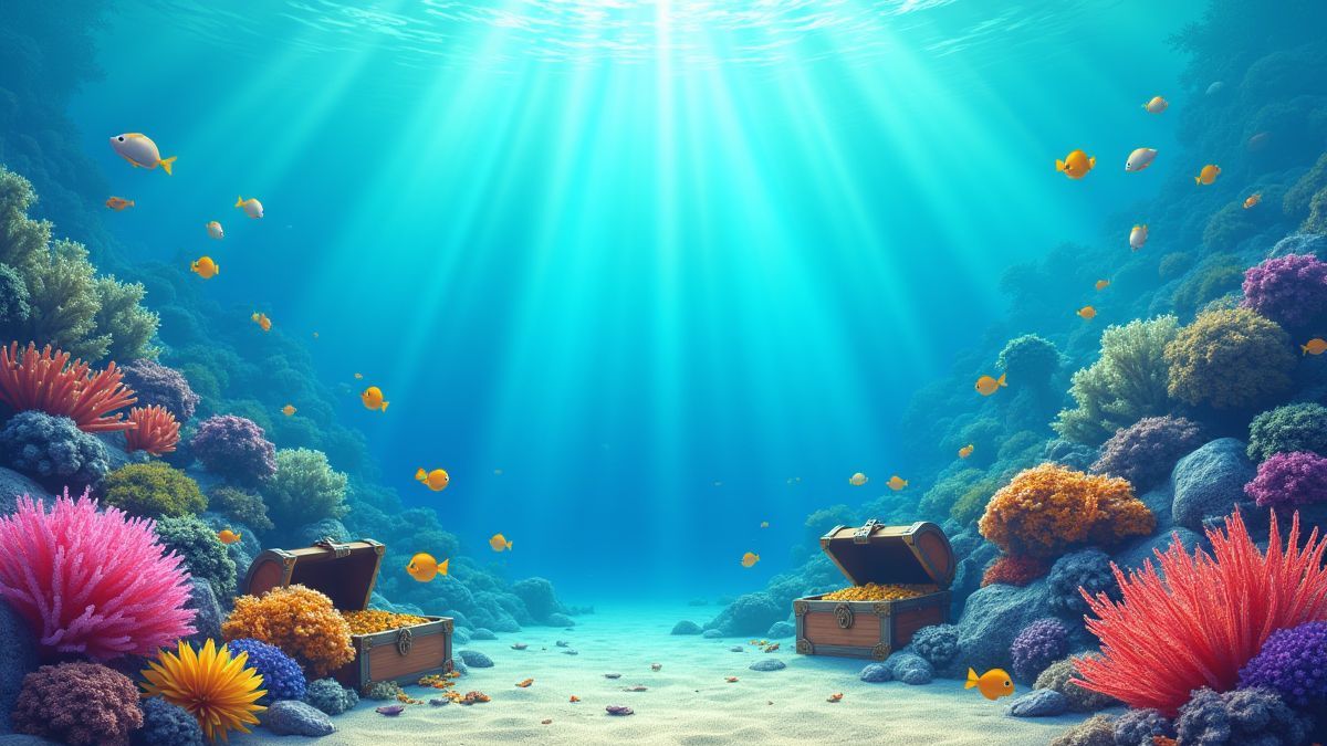 Escena submarina llena de corales, peces y cofres del tesoro.